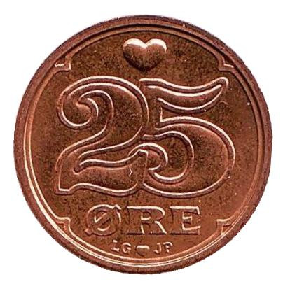 Монета 25 эре. 2001 год, Дания. BU.