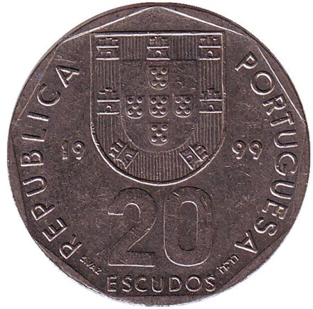 Монета 20 эскудо. 1999 год, Португалия. Роза ветров. Монета 20 эскудо. 1999 год, Португалия. Роза ветров.