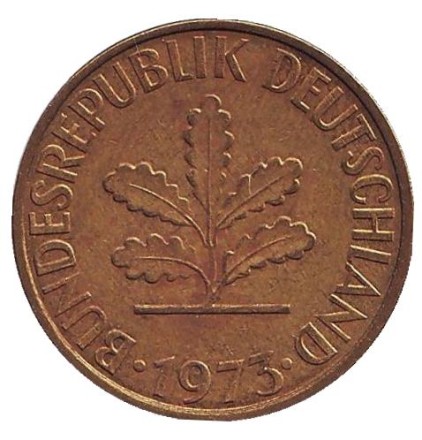 Монета 10 пфеннигов. 1973 год (G), ФРГ. Дубовые листья. Монета 10 пфеннигов. 1973 год (G), ФРГ. Дубовые листья.