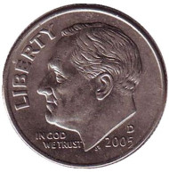 Монета 10 центов. 2005 (D) год, США. Рузвельт. Монета 10 центов. 2005 (D) год, США. Рузвельт.