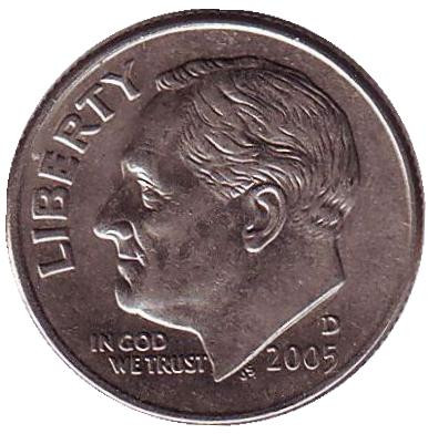Монета 10 центов. 2005 (D) год, США. Рузвельт.