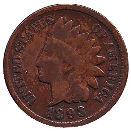 Монета 1 цент. 1893 год, США. Индеец.