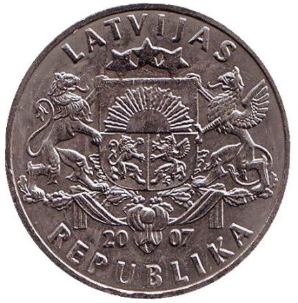 Монета 1 лат, 2007 год, Латвия. Рыба. Монета 1 лат, 2007 год, Латвия. Рыба.
