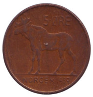 Монета 5 эре. 1959 год, Норвегия. Лось.