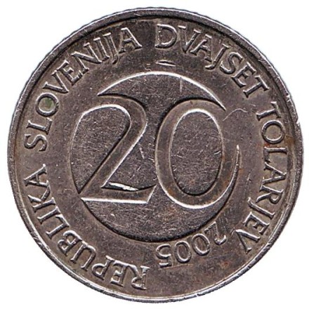 Монета 20 толаров. 2005 год, Словения. Белый аист.