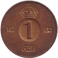 Монета 1 эре. 1964 год, Швеция.(U) Монета 1 эре. 1964 год, Швеция.(U)