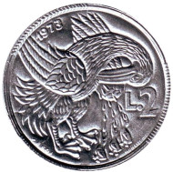 Монета 2 лиры. 1973 год, Сан-Марино. Пеликан. Монета 2 лиры. 1973 год, Сан-Марино. Пеликан.