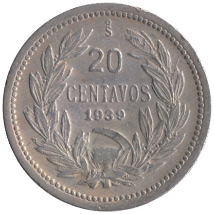 Монета 20 сентаво. 1939 год, Чили.
