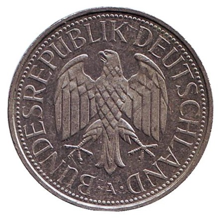 Монета 1 марка. 1993 год (A), ФРГ. Монета 1 марка. 1993 год (A), ФРГ.