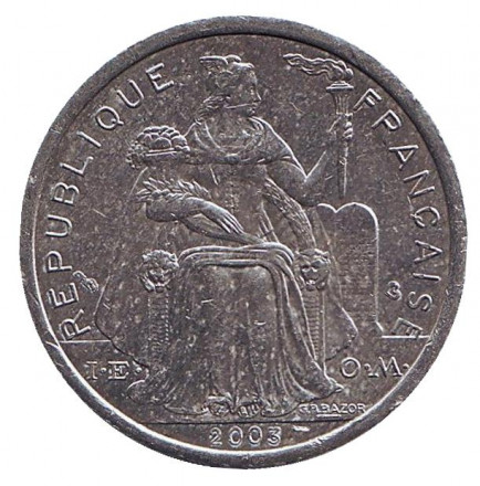 Монета 2 франка. 2003 год, Новая Каледония. Из обращения. Птица кагу. Монета 2 франка. 2003 год, Новая Каледония. Из обращения. Птица кагу.