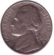 Монета 5 центов. 1991 год (D), США. Джефферсон. Монтичелло. Монета 5 центов. 1991 год (D), США. Джефферсон. Монтичелло.