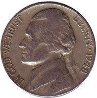 Монета 5 центов. 1948 год, США. Джефферсон. Монтичелло. Монета 5 центов. 1948 год, США. Джефферсон. Монтичелло.