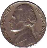 Джефферсон. Монтичелло. Монета 5 центов. 1948 год, США.