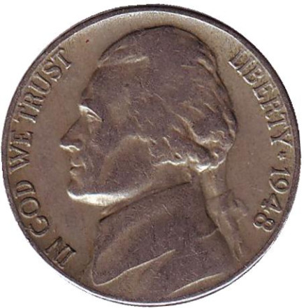 Монета 5 центов. 1948 год, США. Джефферсон. Монтичелло.