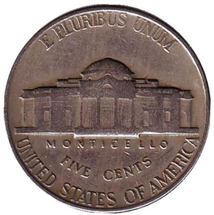 Монета 5 центов. 1948 год, США. Джефферсон. Монтичелло. Монета 5 центов. 1948 год, США. Джефферсон. Монтичелло.