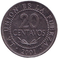 Монета 20 сентаво. 2001 год, Боливия. Монета 20 сентаво. 2001 год, Боливия.