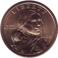Сакагавея (Парящий орел), серия "Коренные американцы". 1 доллар, 2005 год (D), США. Сакагавея (Парящий орел), серия "Коренные американцы". 1 доллар, 2005 год (D), США.