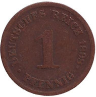 Монета 1 пфенниг. 1898 год (D), Германская империя. Монета 1 пфенниг. 1898 год (D), Германская империя.