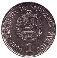 Монета 1 боливар. 1990 год, Венесуэла. Монета 1 боливар. 1990 год, Венесуэла.