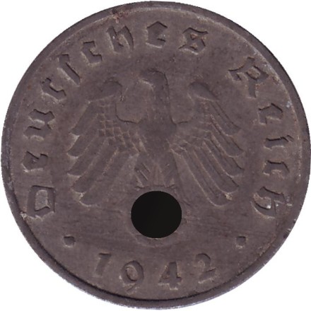 Монета 10 рейхспфеннигов. 1942 год, Германия (Третий Рейх). (F). Монета 10 рейхспфеннигов. 1942 год, Германия (Третий Рейх). (F).