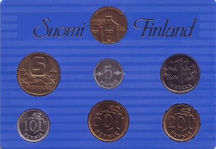 Набор монет Финляндии (6 шт., с жетоном), 1990 год, Финляндия. (в банковской упаковке)