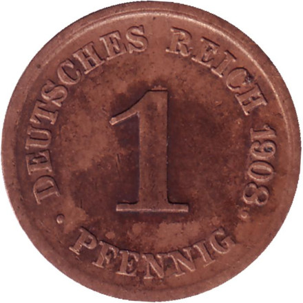 Монета 1 пфенниг. 1908 год (G), Германская империя.