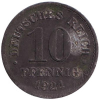Монета 10 пфеннигов. 1921 год, Германская империя. (цинк)
