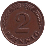 Монета 2 пфеннига. 1965 год (G), ФРГ. Дубовые листья. Монета 2 пфеннига. 1965 год (G), ФРГ. Дубовые листья.