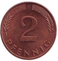 Монета 2 пфеннига. 1987 год (D), ФРГ. Дубовые листья. Монета 2 пфеннига. 1987 год (D), ФРГ. Дубовые листья.
