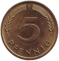 Монета 5 пфеннигов. 1983 год (G), ФРГ. Дубовые листья. Монета 5 пфеннигов. 1983 год (G), ФРГ. Дубовые листья.