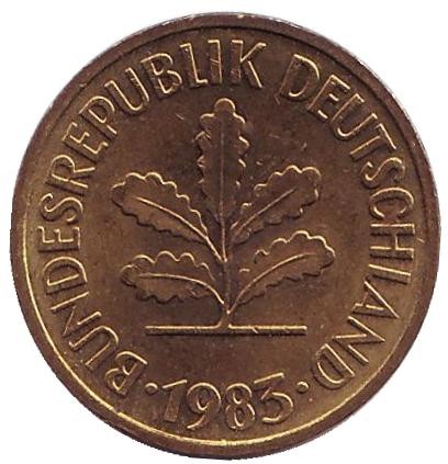 Монета 5 пфеннигов. 1983 год (G), ФРГ. Дубовые листья.