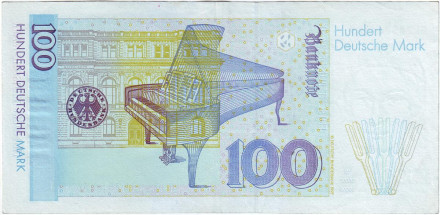 Банкнота 100 марок. 1996 год, ФРГ. Клара Шуман. Рояль.