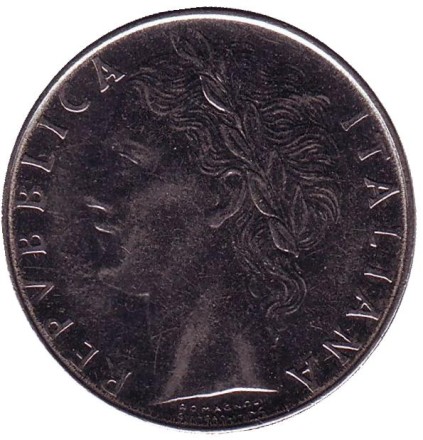 Монета 100 лир. 1984 год, Италия. Богиня мудрости Минерва рядом с оливковым деревом. Монета 100 лир. 1984 год, Италия. Богиня мудрости Минерва рядом с оливковым деревом.