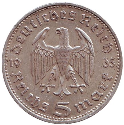 Монета 5 рейхсмарок. 1935 (D) год, Третий Рейх (Германия). Гинденбург. Монета 5 рейхсмарок. 1935 (D) год, Третий Рейх (Германия). Гинденбург.