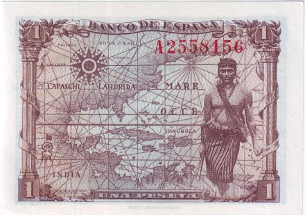 Банкнота 1 песета. 1945 год, Испания. Изабелла I Кастильская.