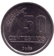 Монета 50 сентесимо. 2005 год, Уругвай. Монета 50 сентесимо. 2005 год, Уругвай.