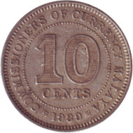 Монета 10 центов. 1939 год, Малайя. Монета 10 центов. 1939 год, Малайя.