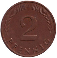 Монета 2 пфеннига. 1959 год (G), ФРГ. Дубовые листья. Монета 2 пфеннига. 1959 год (G), ФРГ. Дубовые листья.
