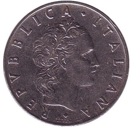 Монета 50 лир. 1955 год, Италия. Бог огня Вулкан у наковальни. Монета 50 лир. 1955 год, Италия. Бог огня Вулкан у наковальни.