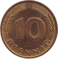 Монета 10 пфеннигов. 1994 год (J), ФРГ. Дубовые листья. Монета 10 пфеннигов. 1994 год (J), ФРГ. Дубовые листья.