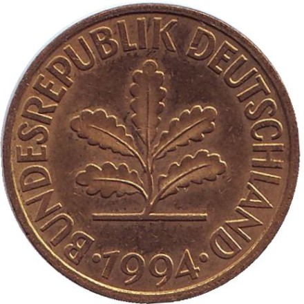 Монета 10 пфеннигов. 1994 год (J), ФРГ. Дубовые листья. Монета 10 пфеннигов. 1994 год (J), ФРГ. Дубовые листья.