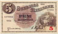 Банкнота 5 крон. 1952 год, Швеция. Банкнота 5 крон. 1952 год, Швеция.