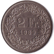 Монета 2 франка. 1989 (B) год, Швейцария. Гельвеция. Монета 2 франка. 1989 (B) год, Швейцария. Гельвеция.