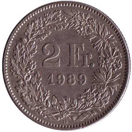 Монета 2 франка. 1989 (B) год, Швейцария. Гельвеция.