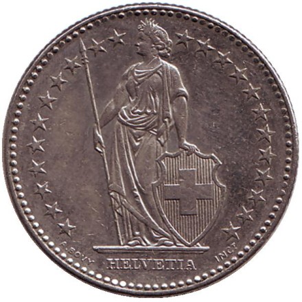 Монета 2 франка. 1989 (B) год, Швейцария. Гельвеция.