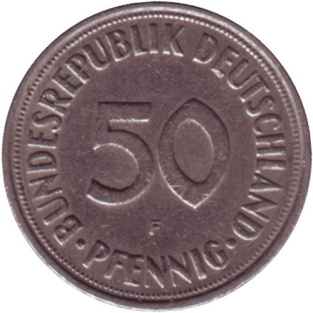 Монета 50 пфеннигов. 1967 (F) год, ФРГ. Женщина, сажающая дуб. Монета 50 пфеннигов. 1967 (F) год, ФРГ. Женщина, сажающая дуб.