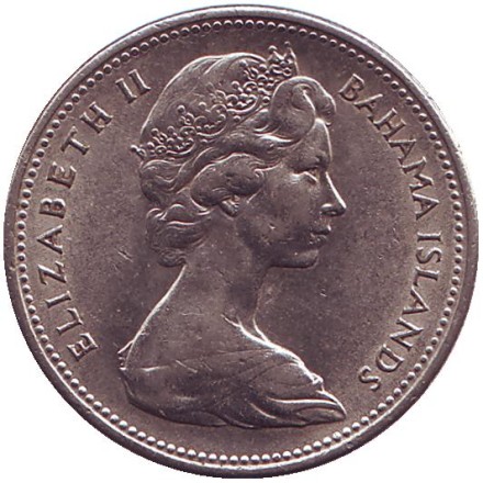 Монета 25 центов. 1966 год, Багамские острова. Парусник. Монета 25 центов. 1966 год, Багамские острова. Парусник.