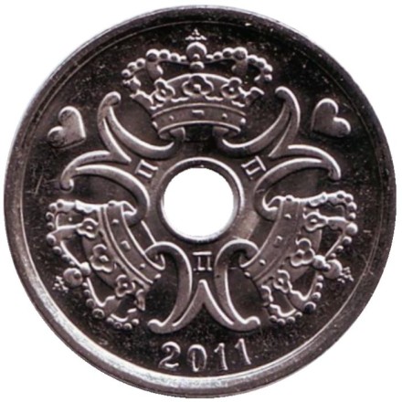Монета 2 кроны. 2011 год, Дания. Монета 2 кроны. 2011 год, Дания.