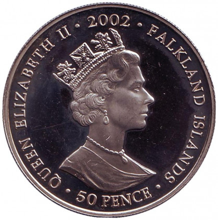 Монета 50 пенсов. 2002 год, Фолклендские острова. 50 лет правлению Королевы Елизаветы II. Торжество. Монета 50 пенсов. 2002 год, Фолклендские острова. 50 лет правлению Королевы Елизаветы II. Торжество.