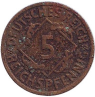 Монета 5 рейхспфеннигов. 1936 год (F), Веймарская республика. Монета 5 рейхспфеннигов. 1936 год (F), Веймарская республика.